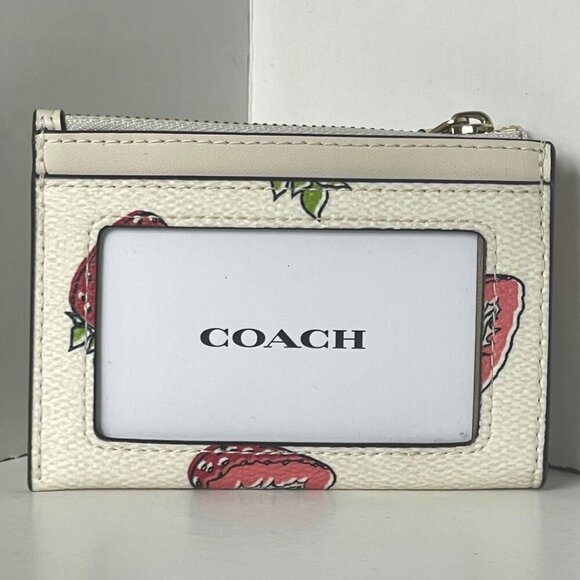 Coach Mini Skinny ID Wallet Strawberry Print Keyring CAR17 Womens White Red - Picture 2 of 10